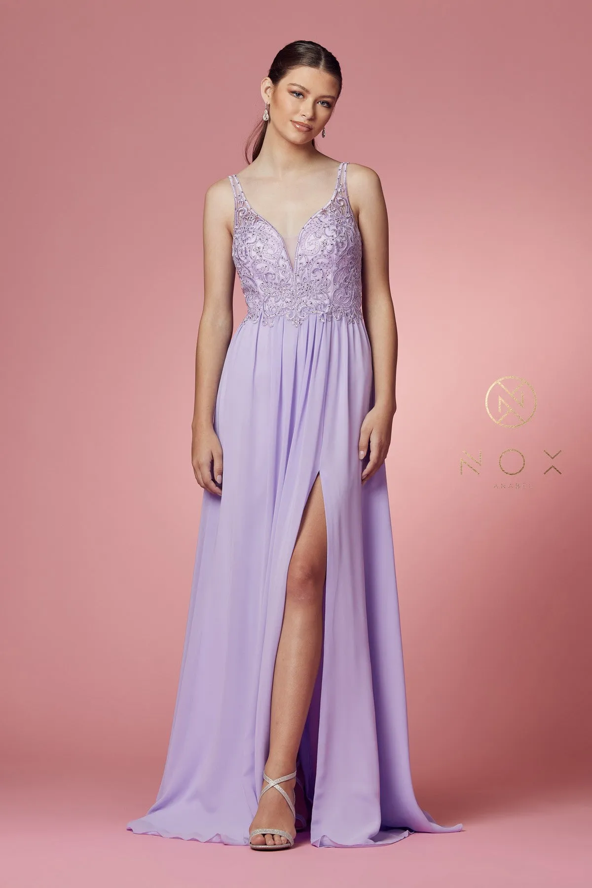 N Y299 - A-Line Prom Gown with Beaded Lace Bodice Leg Slit & Flowy Chiffon Skirt