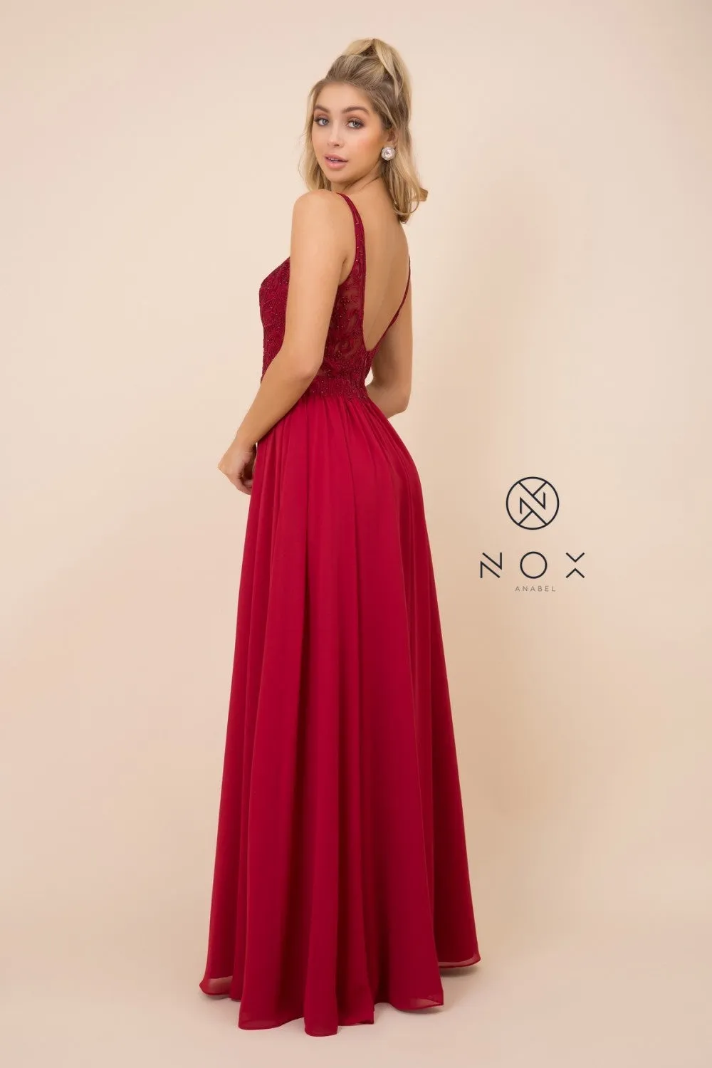N Y299 - A-Line Prom Gown with Beaded Lace Bodice Leg Slit & Flowy Chiffon Skirt