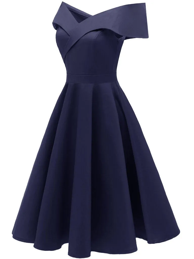 Navy 1950s Off Shoulder Swing Vintage Party Dress