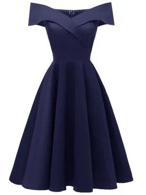 Navy 1950s Off Shoulder Swing Vintage Party Dress