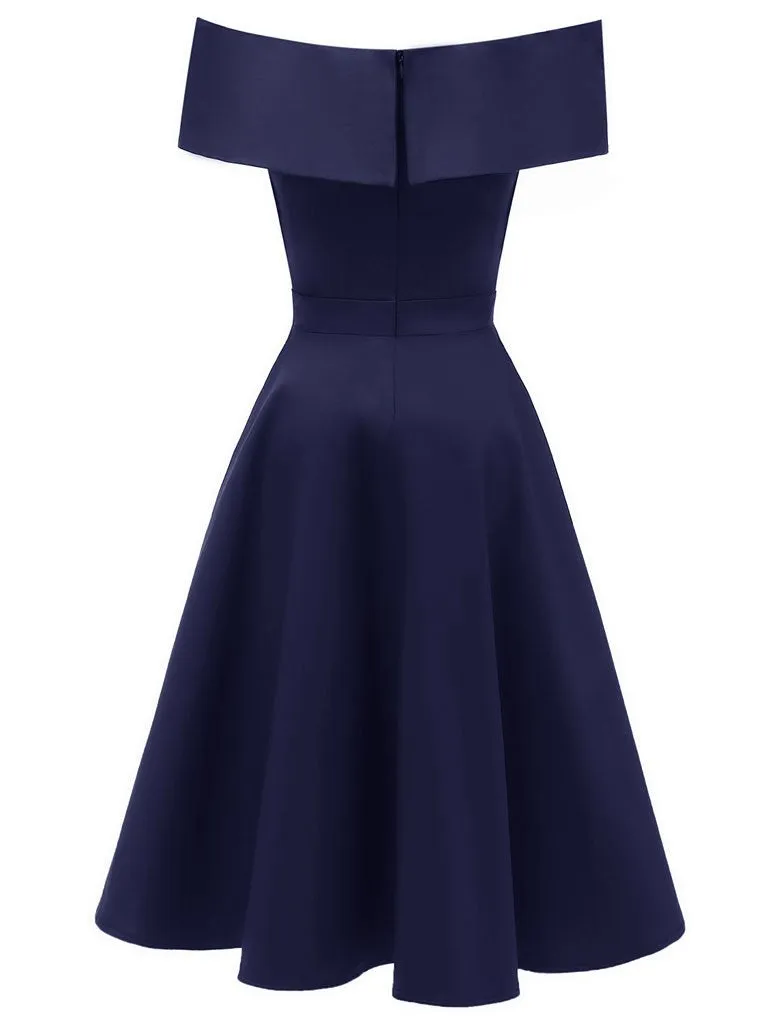 Navy 1950s Off Shoulder Swing Vintage Party Dress