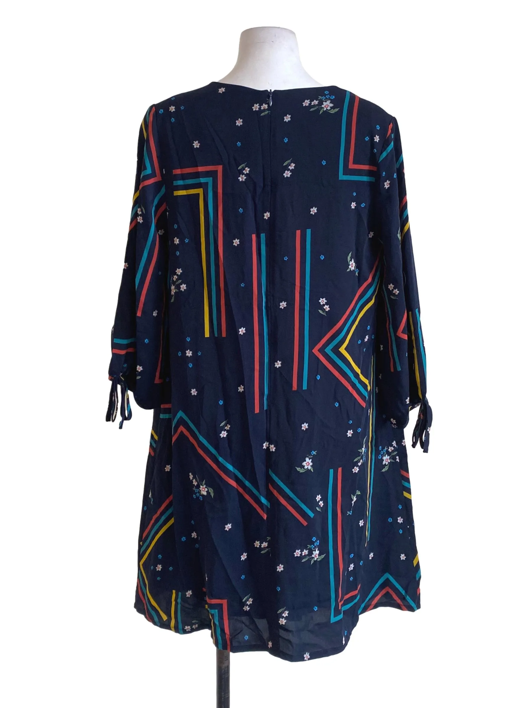 Navy Blue Patterned V Neck Dress