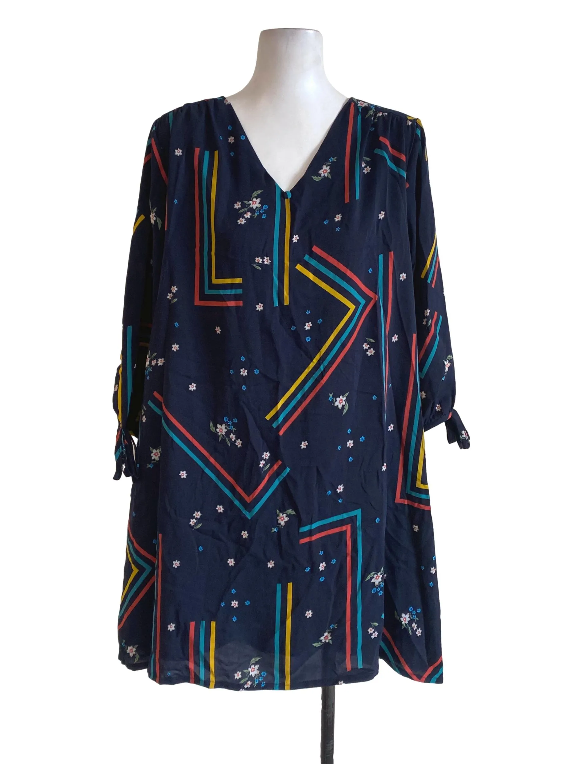 Navy Blue Patterned V Neck Dress