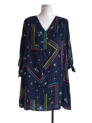 Navy Blue Patterned V Neck Dress