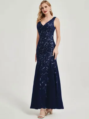 Navy Blue Sequin Dress Tulle Sequined Mermaid Maxi Evening Party Dress