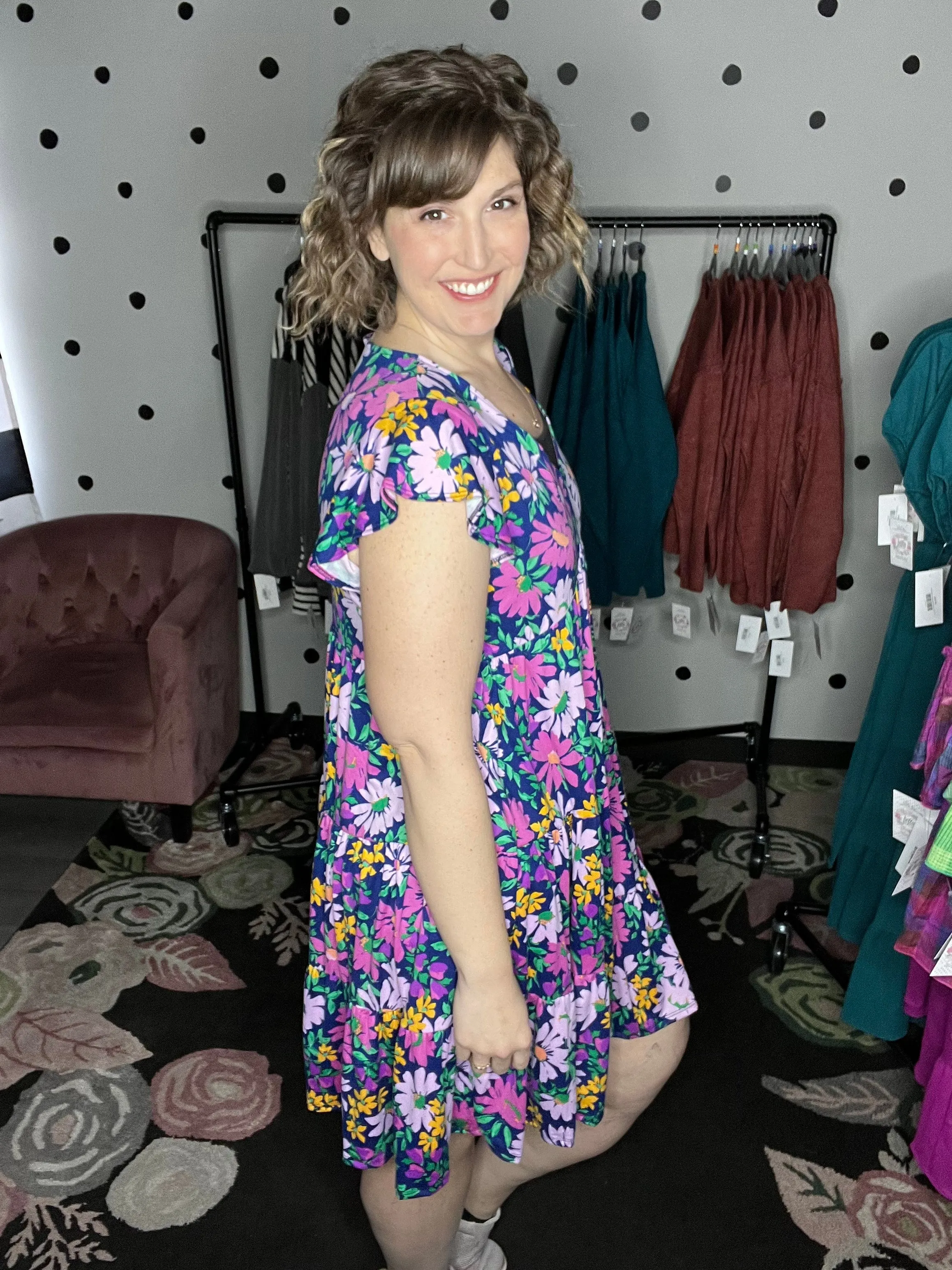 Navy Floral Flutter Sleeve V-Neck Dress
