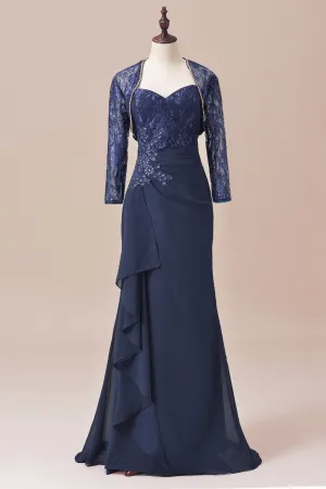 Navy Two Piece Long Sleeves Appliques ruffle Long Mother of the Bride Dress