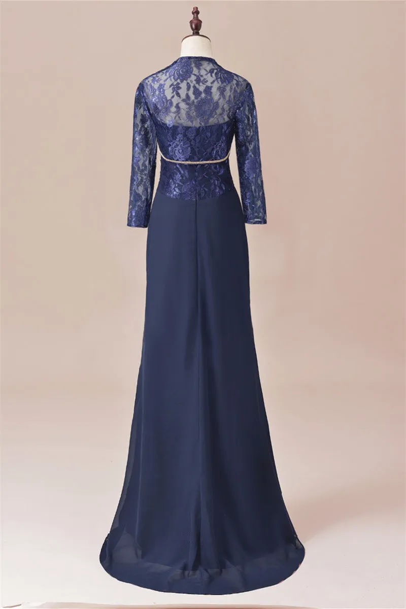 Navy Two Piece Long Sleeves Appliques ruffle Long Mother of the Bride Dress