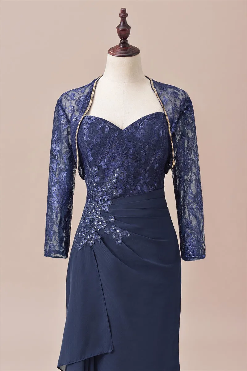 Navy Two Piece Long Sleeves Appliques ruffle Long Mother of the Bride Dress