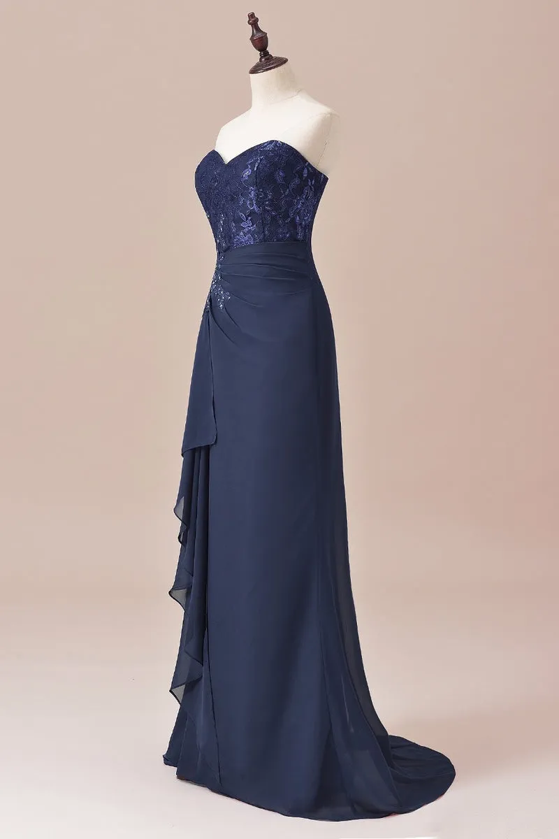 Navy Two Piece Long Sleeves Appliques ruffle Long Mother of the Bride Dress