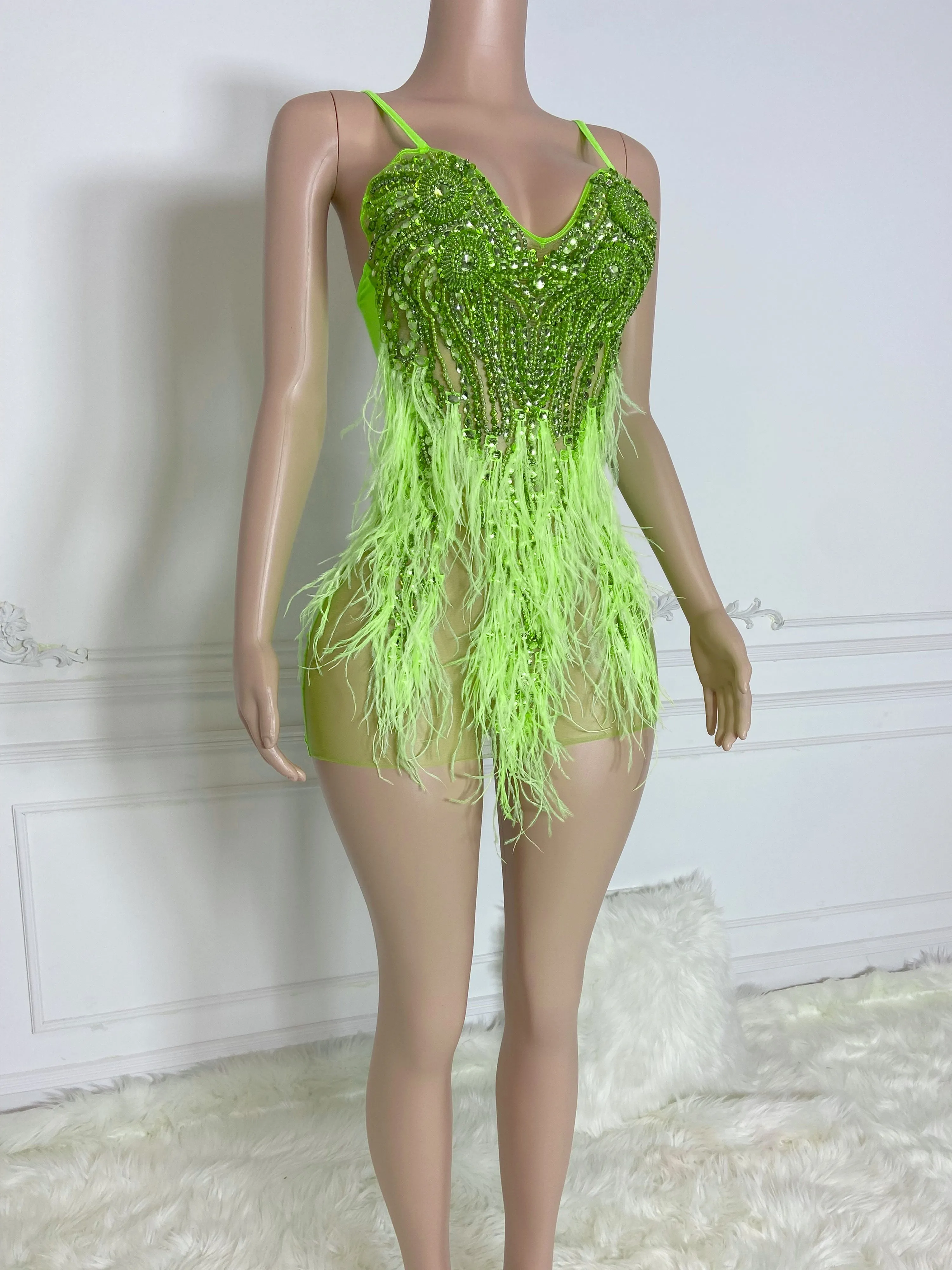 Neo Green Sleeveless Ostrich Feather Backless Mini Dress