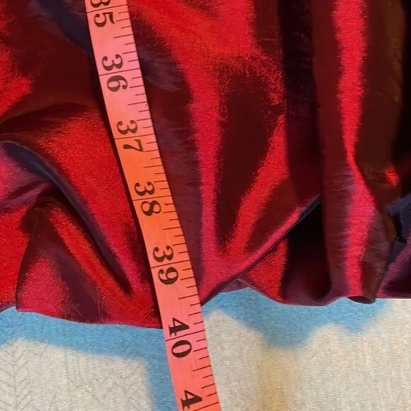 Next Eve strapless burgundy crimson formal dress w/cream sash, zip back,balloon