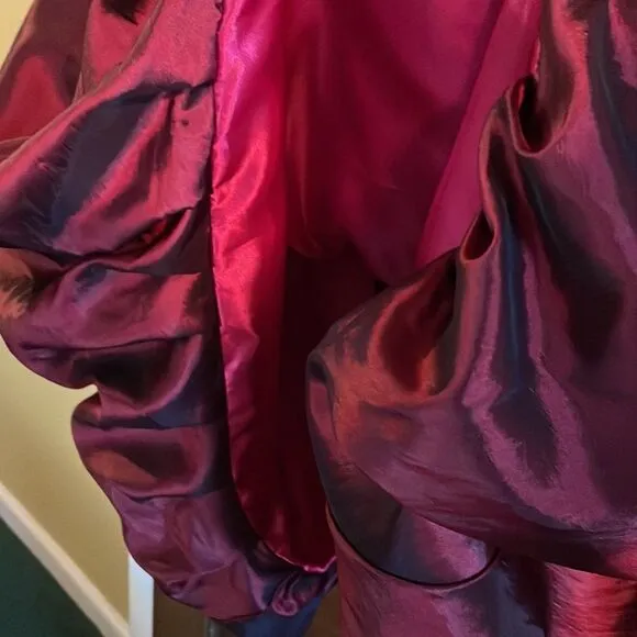 Next Eve strapless burgundy crimson formal dress w/cream sash, zip back,balloon