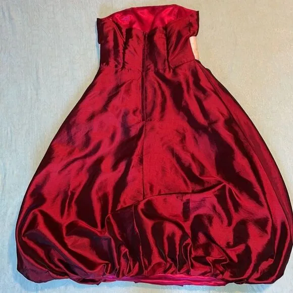 Next Eve strapless burgundy crimson formal dress w/cream sash, zip back,balloon