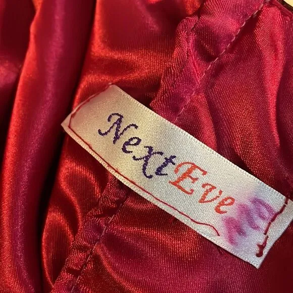 Next Eve strapless burgundy crimson formal dress w/cream sash, zip back,balloon