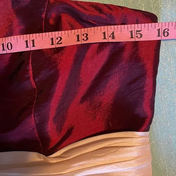 Next Eve strapless burgundy crimson formal dress w/cream sash, zip back,balloon