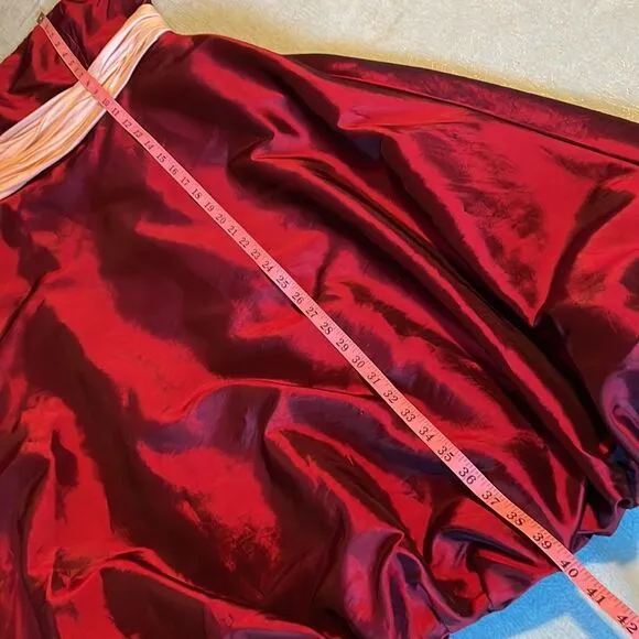 Next Eve strapless burgundy crimson formal dress w/cream sash, zip back,balloon