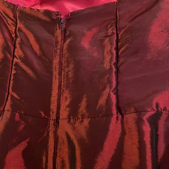 Next Eve strapless burgundy crimson formal dress w/cream sash, zip back,balloon