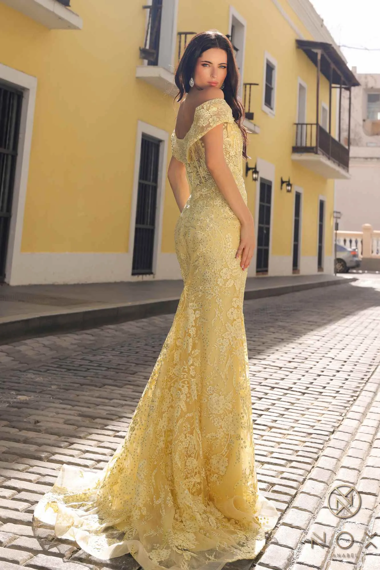 Nox Anabel C1455 Long Off Shoulder Fitted Plunging Sweetheart Dress