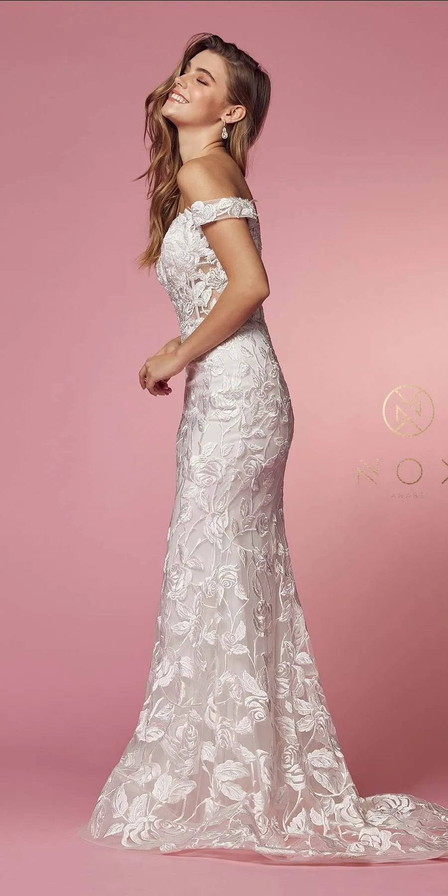 Nox Anabel C439W Off The Shoulder Boho Inspired Lace Mermaid Gown