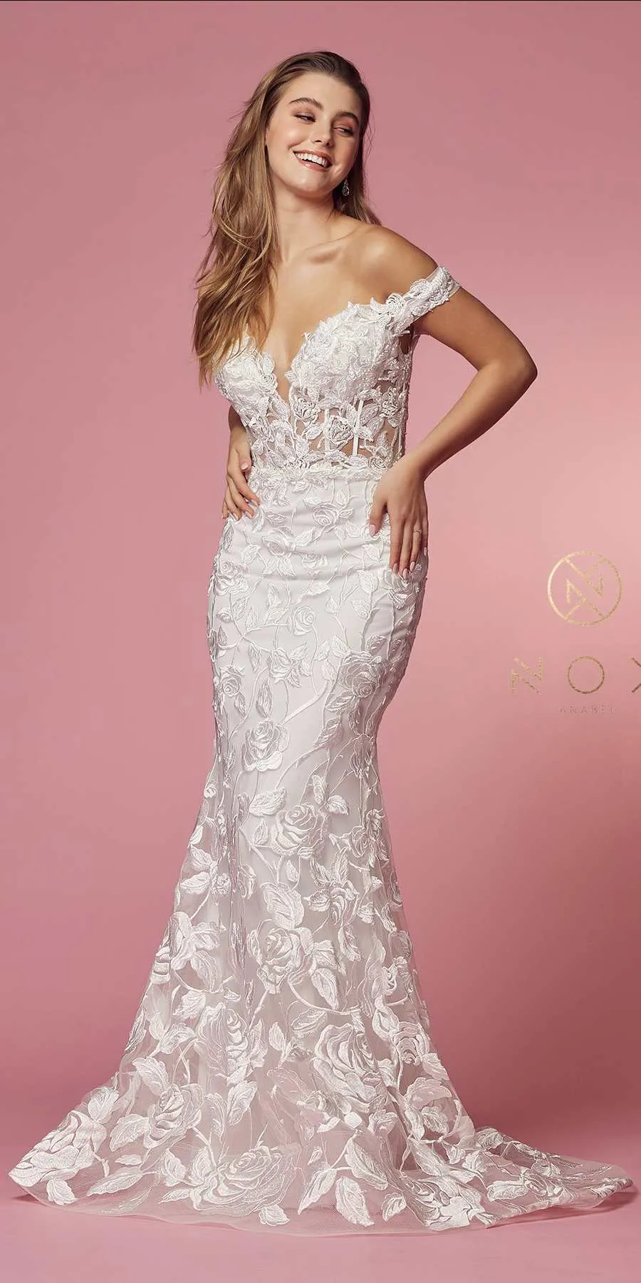 Nox Anabel C439W Off The Shoulder Boho Inspired Lace Mermaid Gown