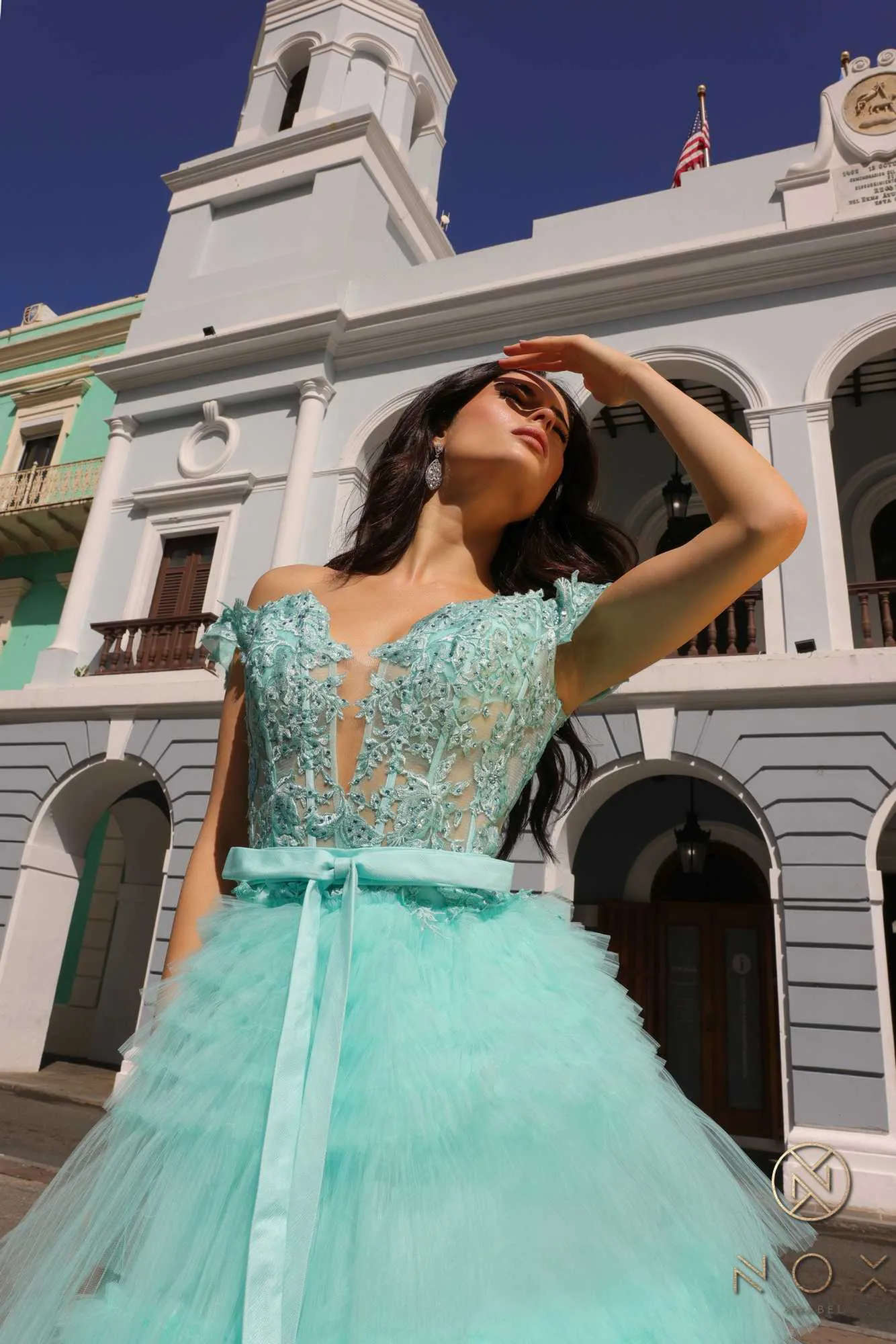 Nox Anabel E1293 Long Off the Shoulder Sweetheart Ruffled Tiered Tulle Gown
