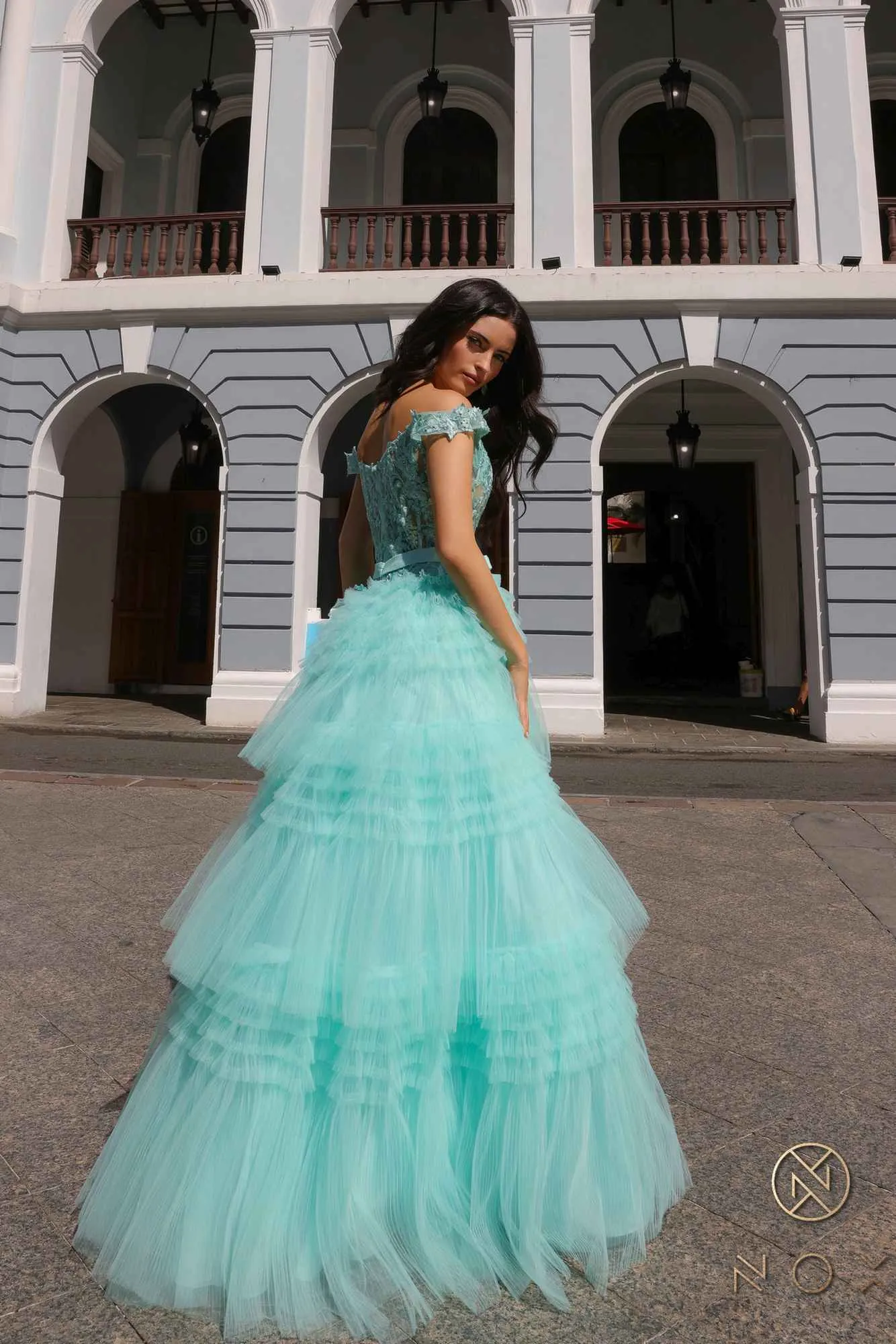 Nox Anabel E1293 Long Off the Shoulder Sweetheart Ruffled Tiered Tulle Gown