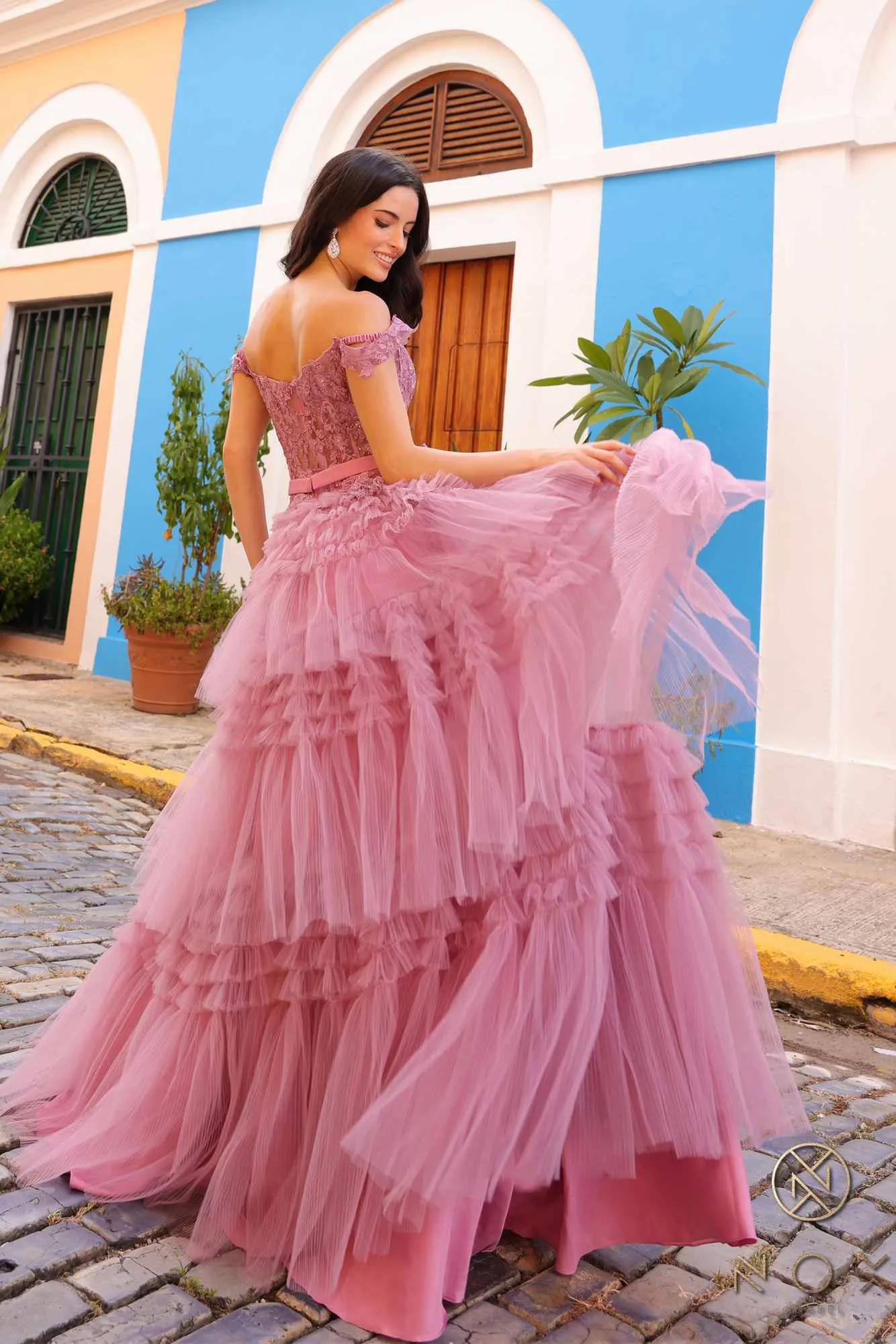 Nox Anabel E1293 Long Off the Shoulder Sweetheart Ruffled Tiered Tulle Gown