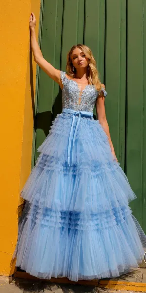 Nox Anabel E1293 Long Off the Shoulder Sweetheart Ruffled Tiered Tulle Gown