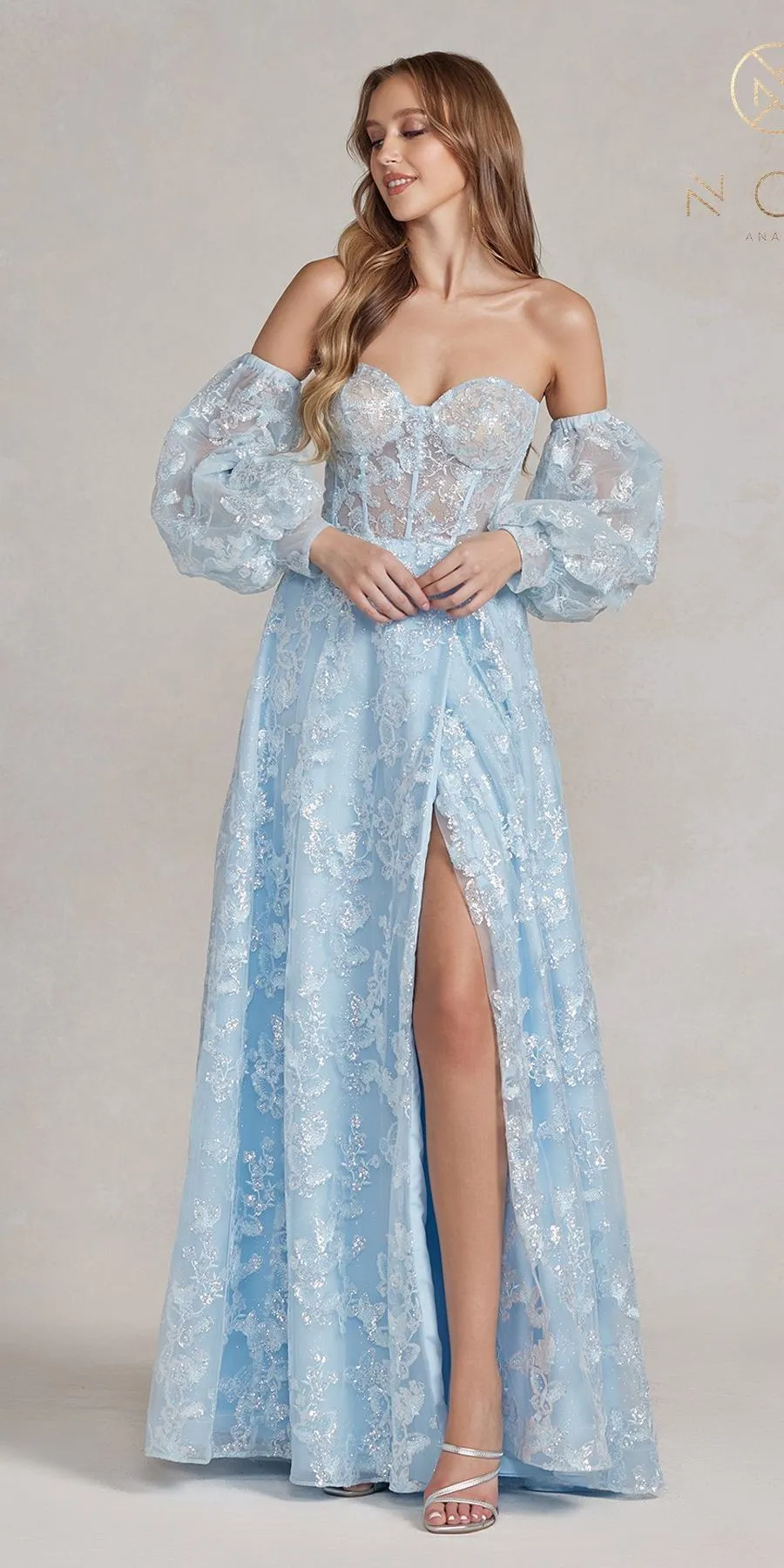 Nox Anabel K1155 Floor Length Butterfly Puff Sleeve Gown