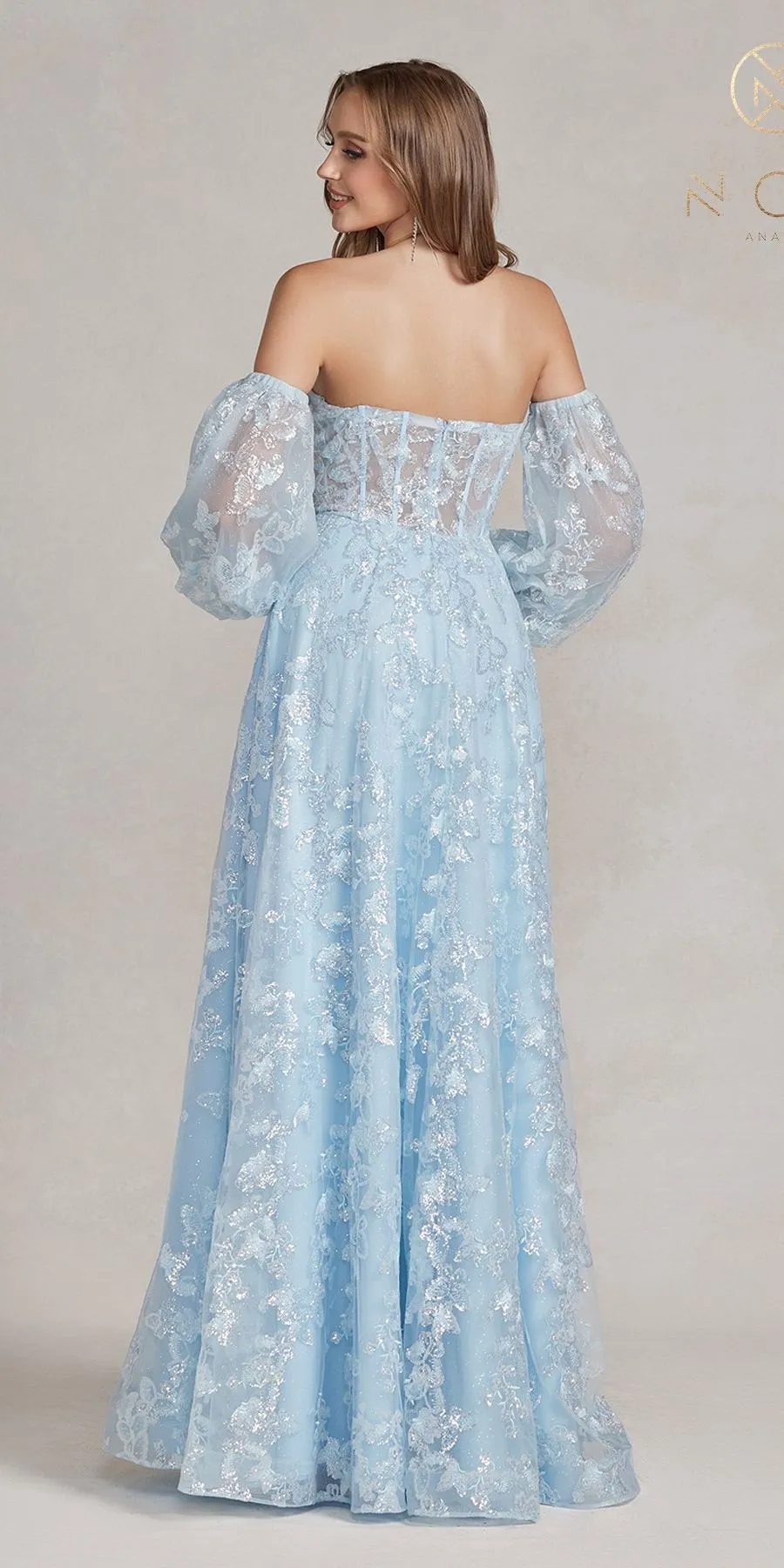 Nox Anabel K1155 Floor Length Butterfly Puff Sleeve Gown