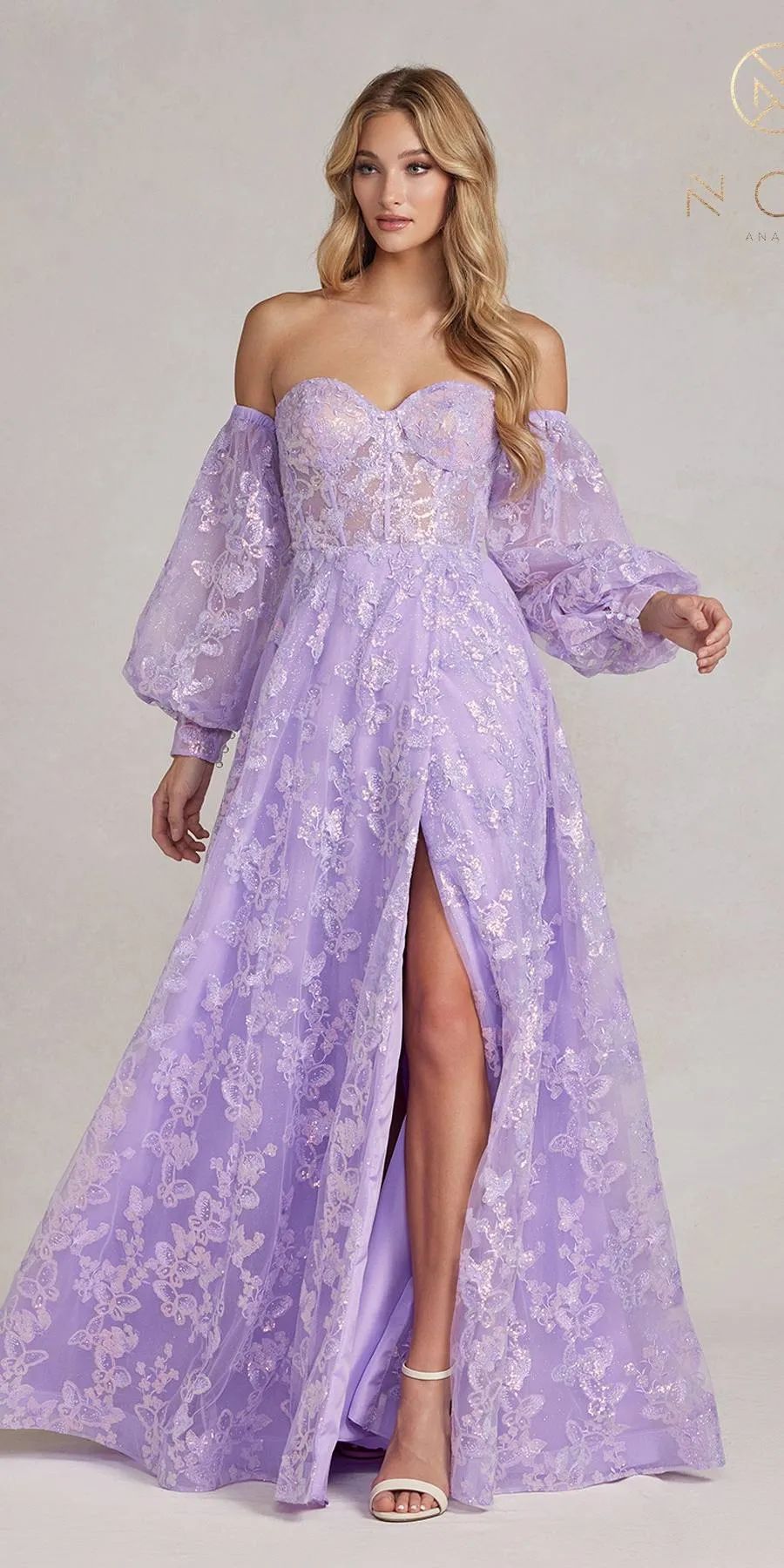 Nox Anabel K1155 Floor Length Butterfly Puff Sleeve Gown