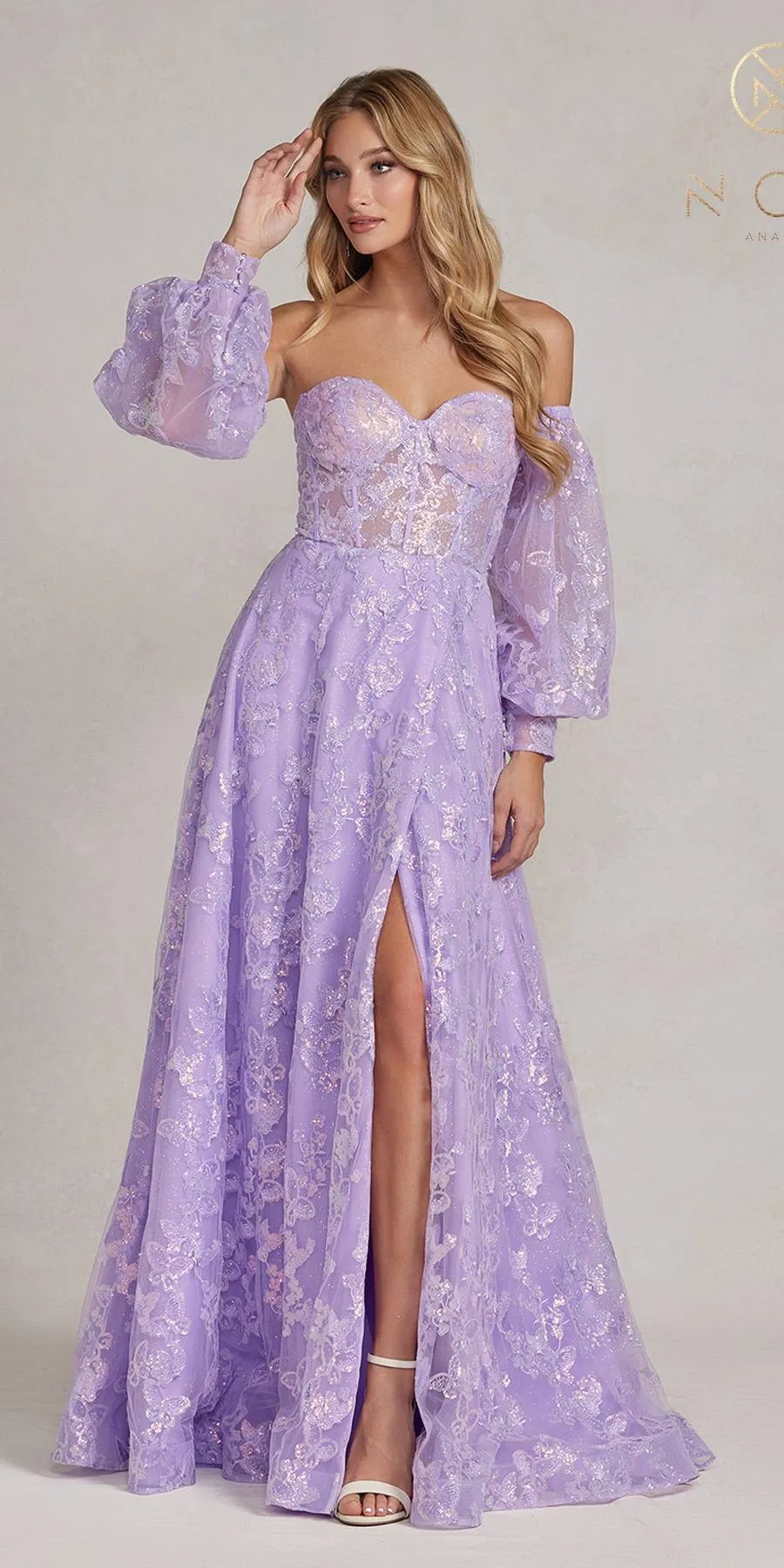 Nox Anabel K1155 Floor Length Butterfly Puff Sleeve Gown