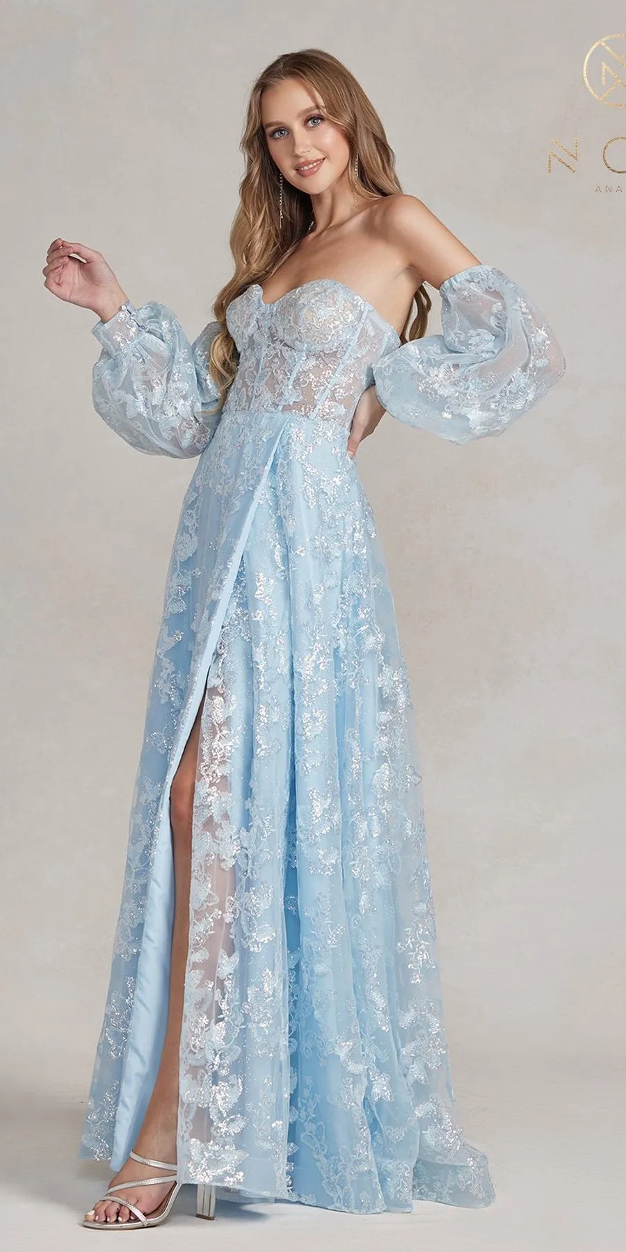 Nox Anabel K1155 Floor Length Butterfly Puff Sleeve Gown