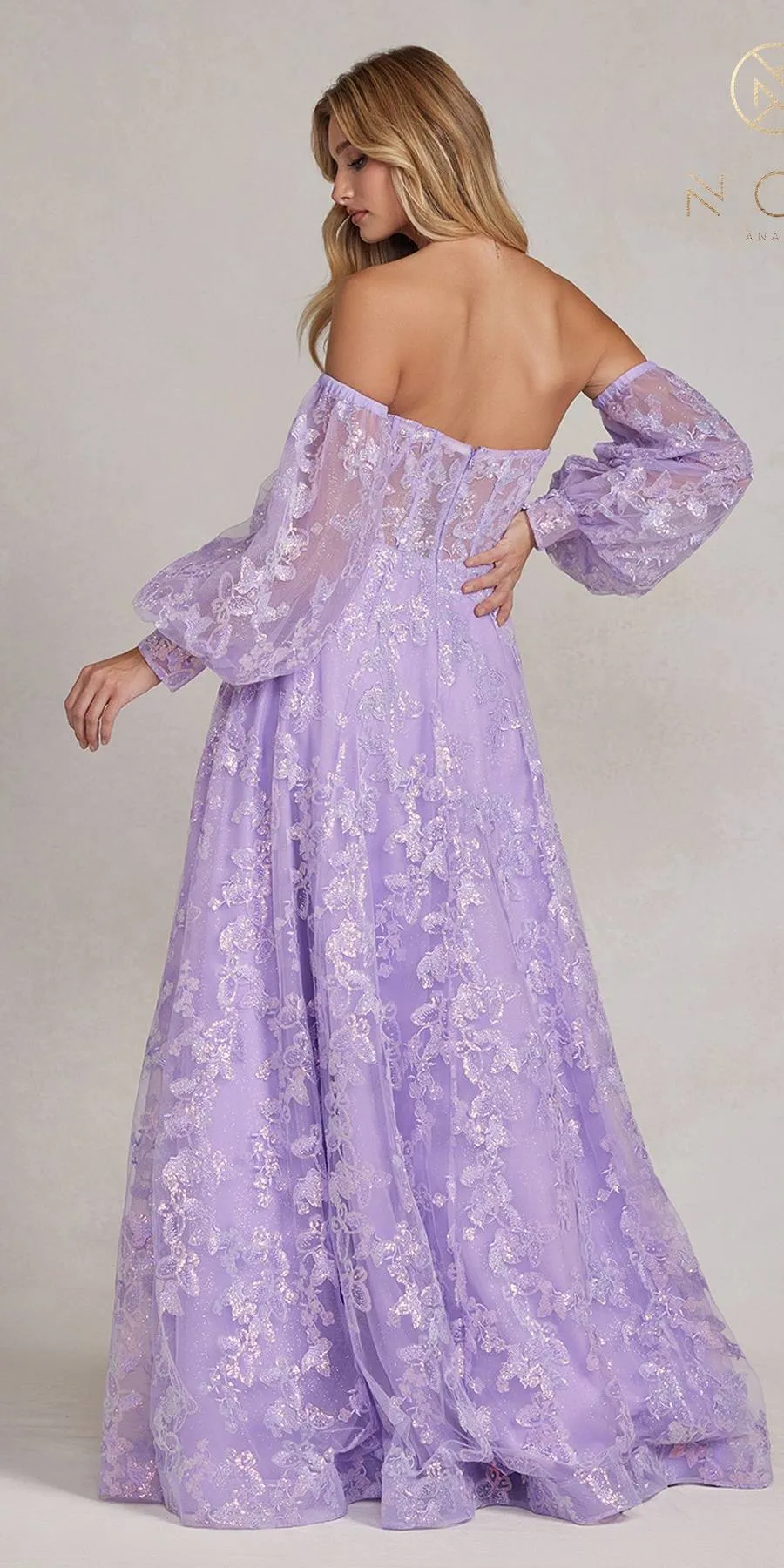 Nox Anabel K1155 Floor Length Butterfly Puff Sleeve Gown