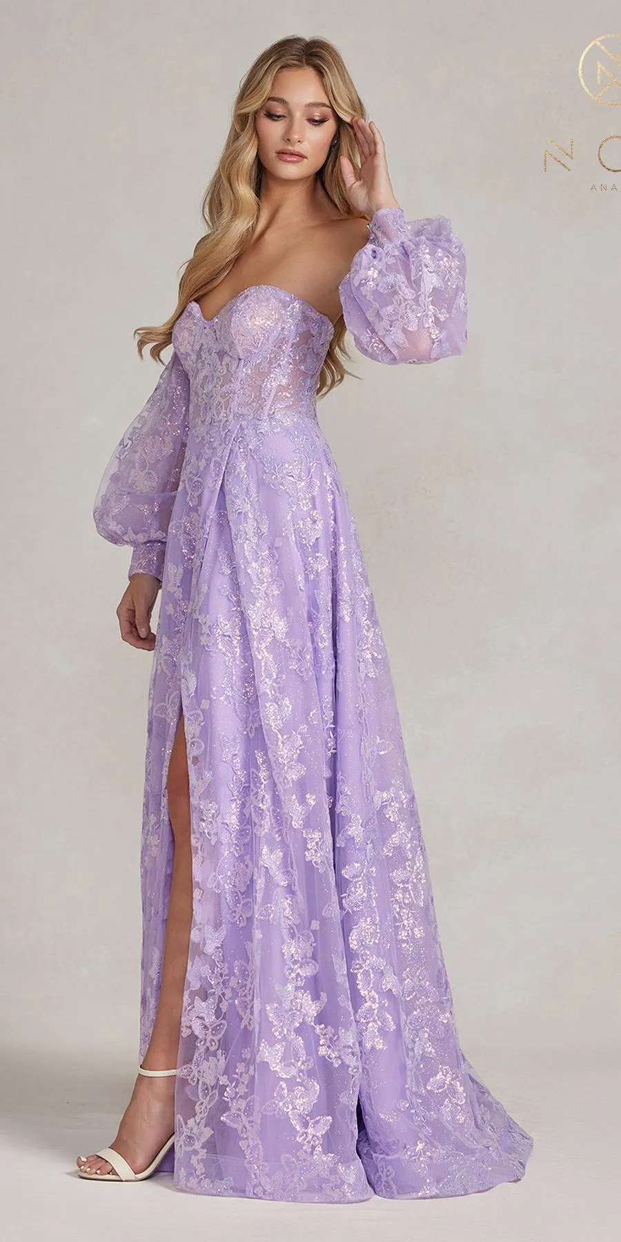 Nox Anabel K1155 Floor Length Butterfly Puff Sleeve Gown
