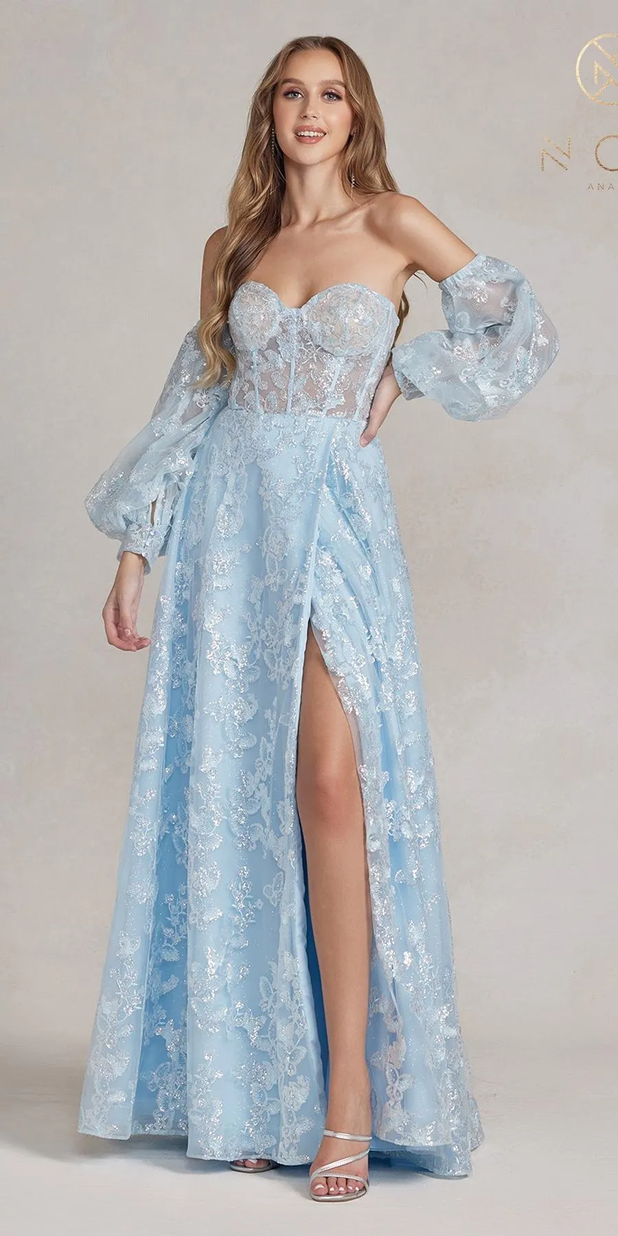 Nox Anabel K1155 Floor Length Butterfly Puff Sleeve Gown