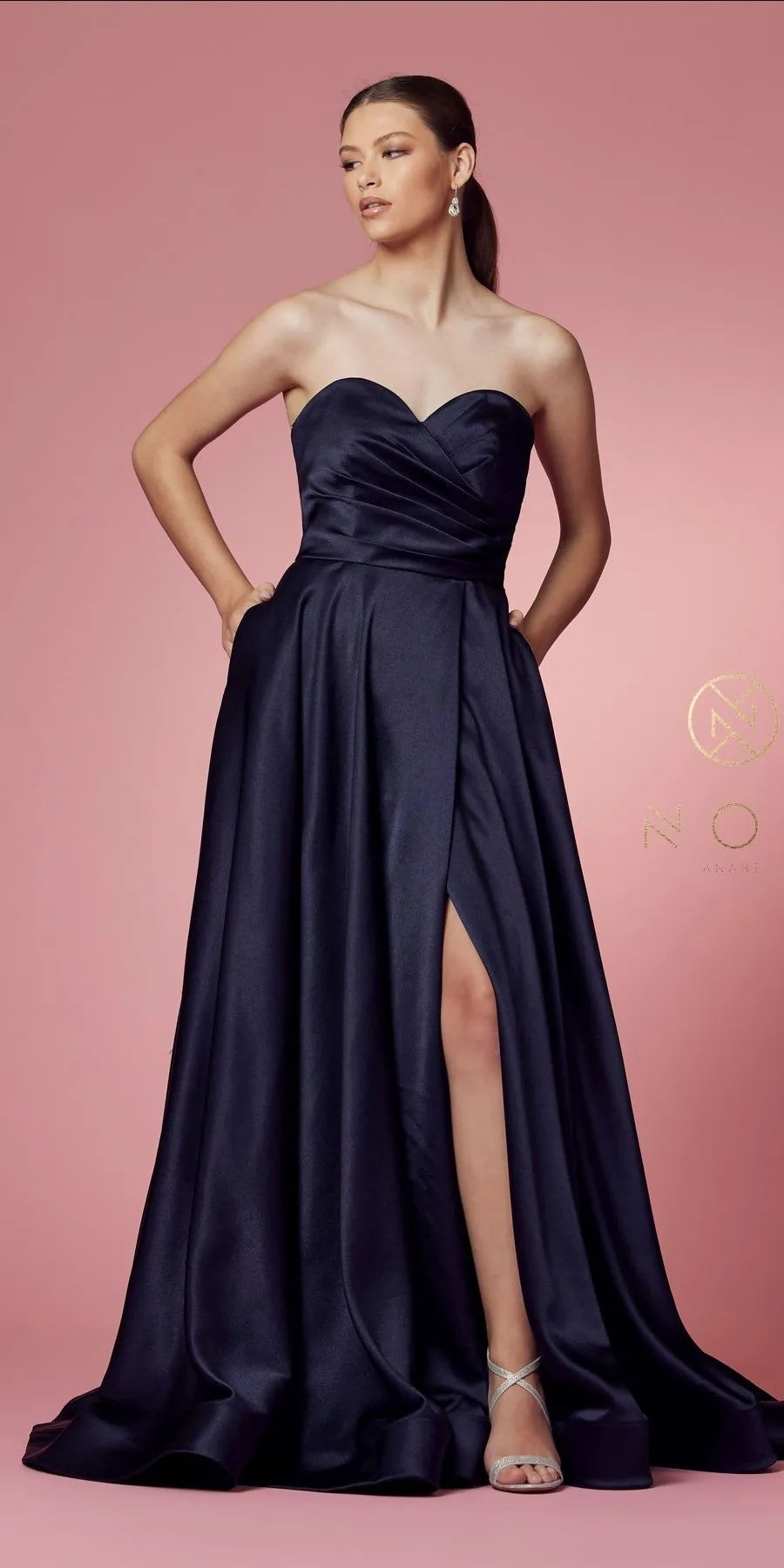 Nox Anabel R1036 Long A-Line Satin Gown with Pockets Sweetheart Neckline