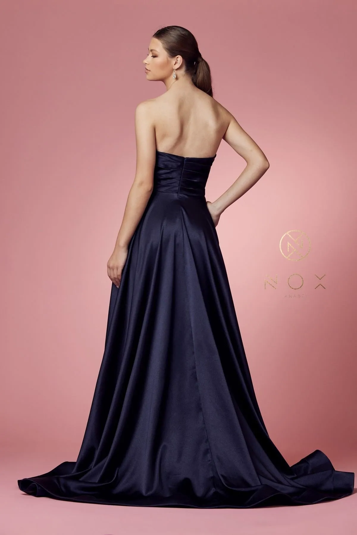 Nox Anabel R1036 Long A-Line Satin Gown with Pockets Sweetheart Neckline