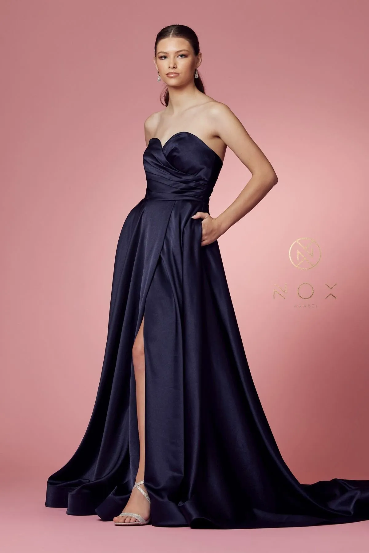 Nox Anabel R1036 Long A-Line Satin Gown with Pockets Sweetheart Neckline