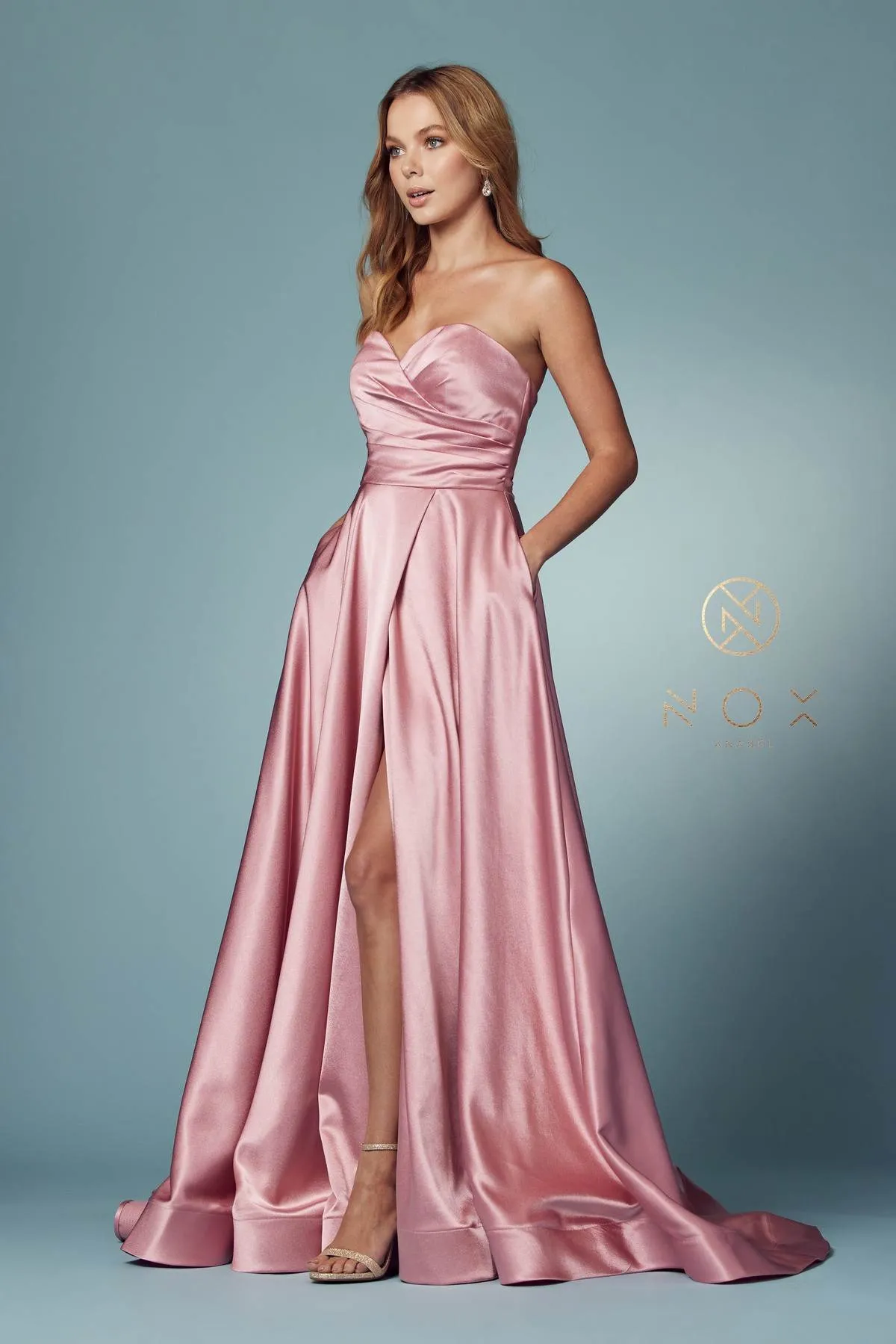 Nox Anabel R1036 Long A-Line Satin Gown with Pockets Sweetheart Neckline