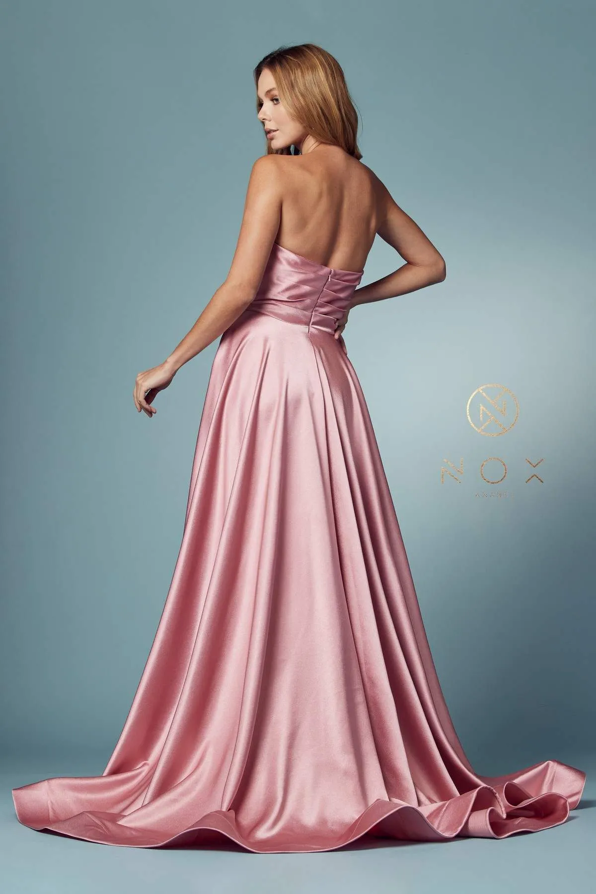 Nox Anabel R1036 Long A-Line Satin Gown with Pockets Sweetheart Neckline