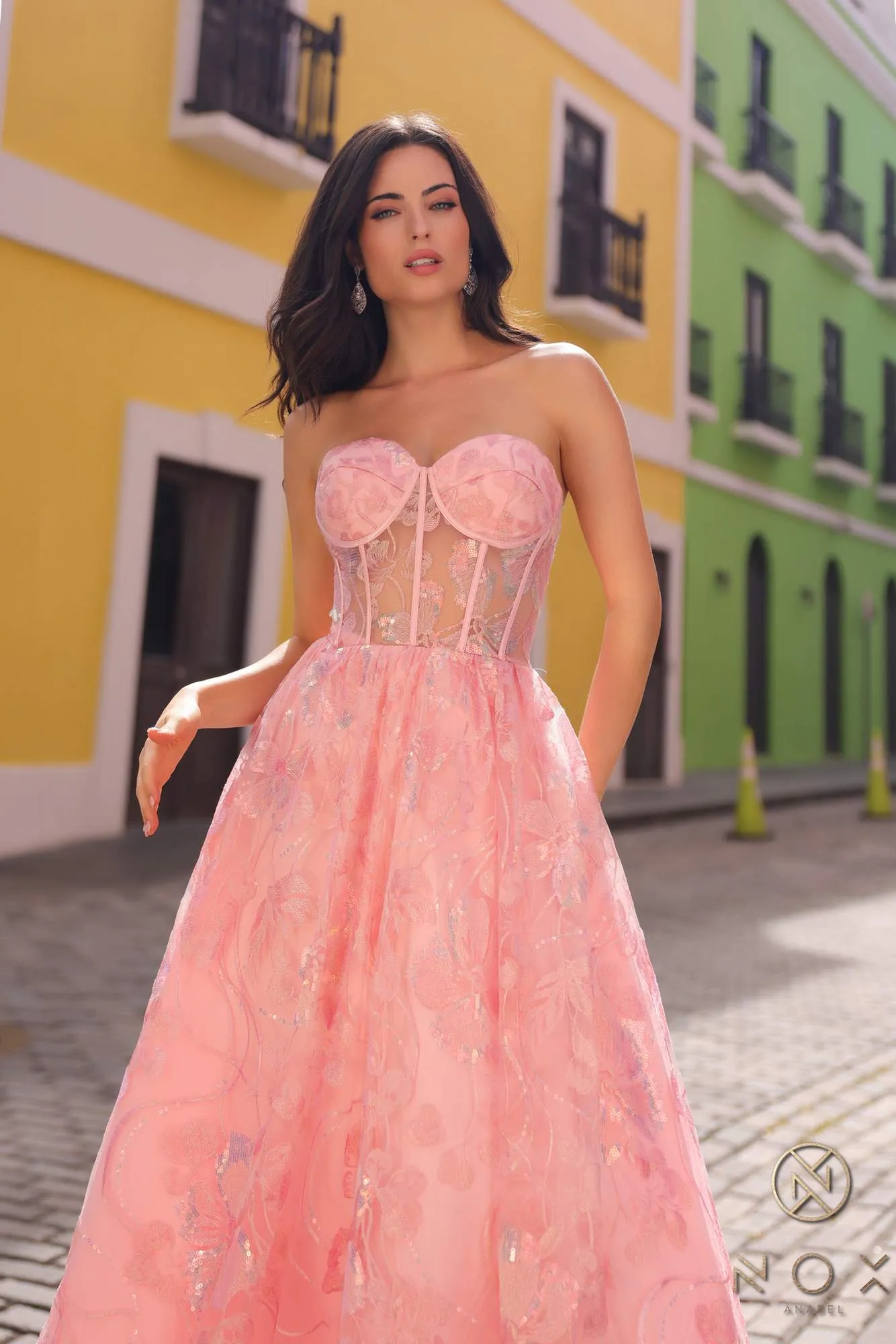 Nox Anabel T1332 Bell of the Ball Strapless A-Line Sequin Floral Dress