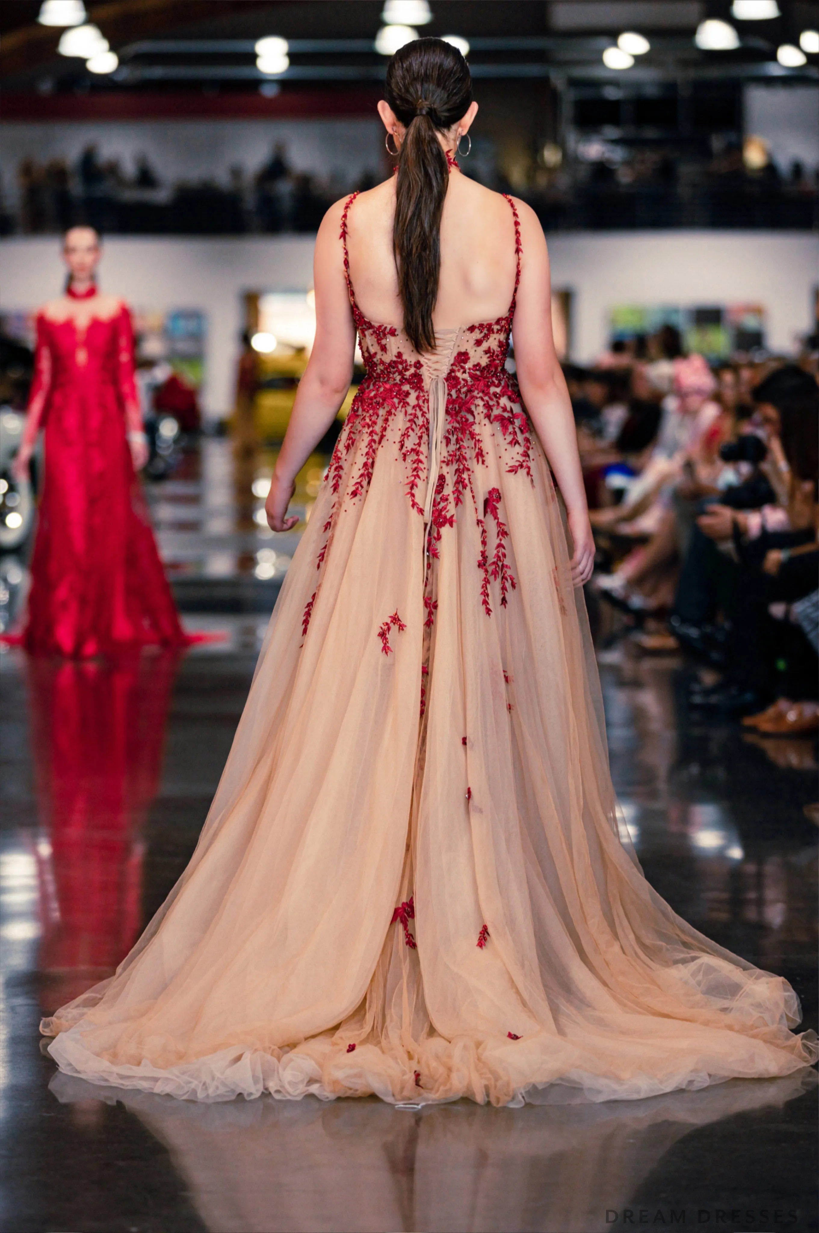 Nude Color Wedding Gown with Red Lace (#Isha )