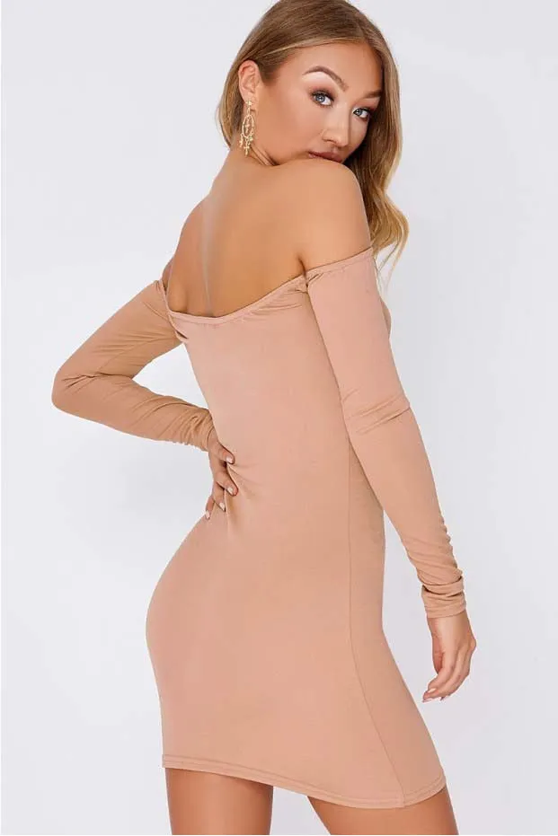 Nude off the shoulder bodycon dress