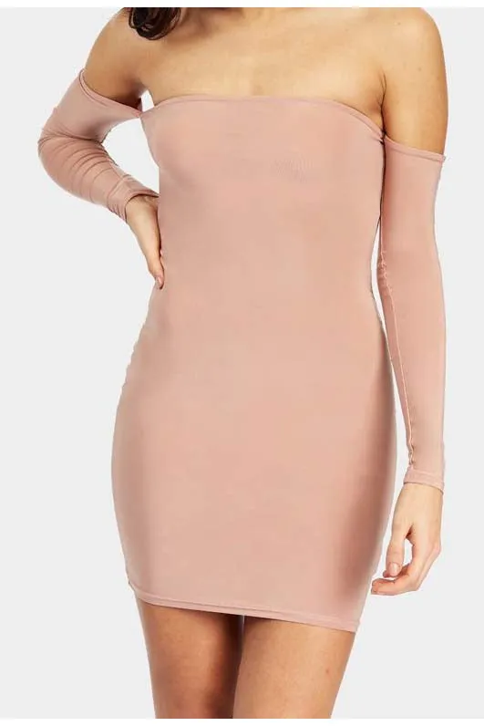 Nude off the shoulder bodycon dress