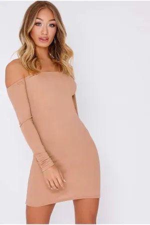 Nude off the shoulder bodycon dress