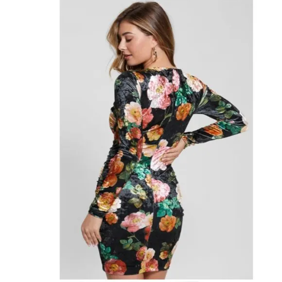 NWT GUESS Women's Long Sleeve Tess Velvet Dress Y2K Ruched