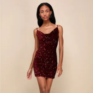 NWT Sparkle Burgundy Velvet Sequin Cowl Neck Mini Dress Size L