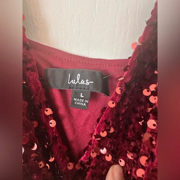 NWT Sparkle Burgundy Velvet Sequin Cowl Neck Mini Dress Size L